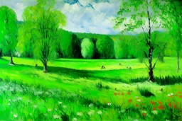 A green field with bio life painted by Claude Monet