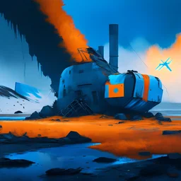 landscape of Iceland , Industrial Ruins , Wasteland , Large crashed military spacecraft , antennas, small fires , blue orange hull , Global light