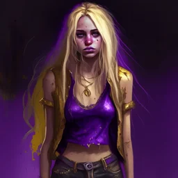 A girl with a purple gold hue around them with small bits of purple gold on their skin. They have long, dirty blonde hair and wear a tank-top with a jacket around their waist and jeans. They wear boots and have violate eyes.