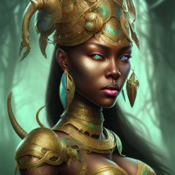 sango fantasy, fantasy magic, intricate, sharp focus, illustration, highly detailed, digital painting, concept art, matte, masterpiece head sexy lady body black African beauty space lady green leopard skin one head African snow background