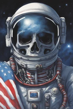 A close up of a skeleton face looking shocked, in an astronaut helmet and suit floating in space. inside the hollow eyes are red shining lights, scary. On his suit is an American flag and in his one hand is a small wavering American flag, on it is written "boned in the USA". From the back of his suit is blowing out blue, white and red smoke. Realistic, 8k, highly detailed, funny