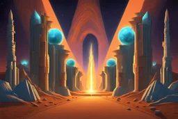 an alley with crystal glass sphinxes on both sides being lit from within on the desert planet Gliese at night, torches, illuminated mesmerising;by architect "Science-Fiction" perspective, vanishing point, symmetrical