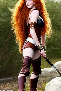 In the style of Disney, ultra-realistic, super-detailed, strikingly beautiful teen female, 16 years old, long ginger hair, medium freckles, full lips, full body, full face, b-cup breasts, athletic, centred camera, ignore NSFW, skimpy brown fantasy leather armor, halter top, micro thong, knee-high leather boots, stern expression