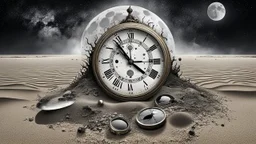 Pale gray summer beach cold, gray, fine mist. An antique clock in the sand shows exactly midnight, black lunar eclipse in the dark sky, endless cosmos with melting stars, cracked and broken sunglasses in the sand reflect the lunar eclipse, midnight, dark, surreal mood, mixed media image, realistic photo with ink, mystical abstract reality