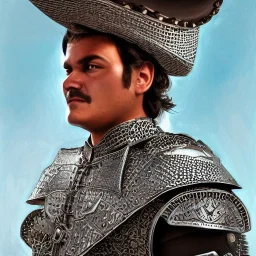 portrait of nacho liebra,"Insanely detailed photograph of an armored mariachi warrior with sword", mullet,jack black,intricate chainmail charo,large Sombrero,elegant, detailed D20 flair, digital painting, artstation, concept art, smooth, sharp focus, illustration, art by artgerm and greg rutkowski and alphonse mucha, 8 k