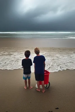 young boy standing and old man sleeping on beach, dark storm clouds overhead, gloomy, bleak, shopping trolley, ship at sea, little fires