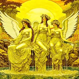 alphonso Mucha style angels with waterfall and sky behind :5 beautiful rich photograph, with focal depth and a majestic blurring behind the subject's face::4 portrait photograph taken on a Canon EOS 5D Mark IV DSLR, f/5.6 aperture, 1/125 second