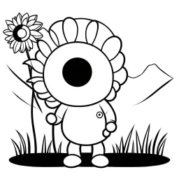 Make black and white cute drawing of a Cyclops with black bold lines. Only outline, no grayscale. A kind and gentle cyclops holding a flower in one hand, with a single large eye that sparkles. Place him in a green valley surrounded by sheep, emphasizing his softer side.