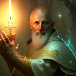 close up of robed monk in candle light, Dark fantasy concept art, dynamic lighting, Intricately detailed, Splash screen art, deep color, Unreal Engine, volumetric lighting, blue flowers, moss, leather, creek, flowing water, fantasy dark forest artwork,