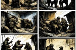 Masterpiece1:5)(Fineart), (award-winning:1.5), highest quality, war journalism editorial ,(by Tim Page, Hoorst Faas:1.5)),(Eastern Ukraine:(panel one:the moment after a battle ends, horrors of war, wounded men),(2nd panel, cinematic shot of men sitting in trench with 1000 yard stare (focus on their eyes:1.5)),(the third panel shows troops tired but hyper alert), (the fourth panel shows the sky is filled with incessant, fire and smoke everywhere,)