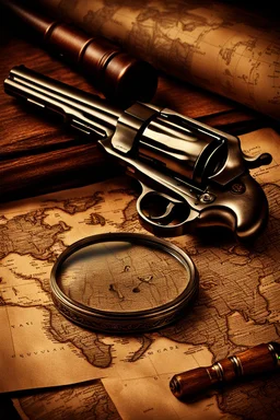 old wildwest revolver laying on an old map next to a magnifying glass, hyper realistic