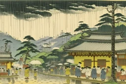 A pale ivory yellow district with a voodoo house in a thunderstorm painted by Utagawa Hiroshige