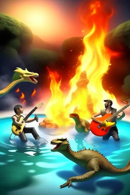 Dinosaurier,feuer und rauch und swimingpool and play gitare