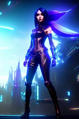 Futuristic anime fantasy dancer, portrait from waist up, physically fit, latex and leather attire, blue eyes, pastel hair, intricate eyeliner, vibrant eyeshadow, clear completion, soft lighting, 4k resolution, intricate details, insanely detailed, colorful cityscape background, masterpiece, expert, cinematic smooth, retroanime style, realistic details, no helmet