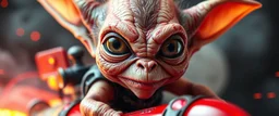 close up portrait with fine pores and real skin texture, clear transparent shiny eyes, hairy macho disco gremlin alien pimp Homunculus – living in a hi tech marvellous hot dog art graphics and gems on rocket with a mounted sling shot mega harpoon, heading for venus , background motion blur and smoke swirls