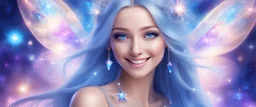 in the middle of the image there is a beautiful bright fairy cosmic women with cosmic long straight hair, crystal jewel and dressed with a magic crystal suit. she has light make up and a sweety smile. she has a magic bright ray over the head