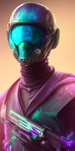 purple galaxy masked super villain, weapons in hands, teal and purple smoke, full portrait, hyper realistic, 4k