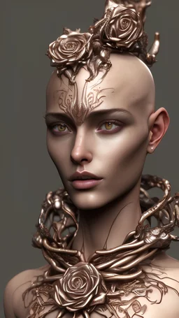 photo realistic youthful female dryad , shaved head, bald, cheek bones, rose gold eyes, slim physique, octane render, raised detail, molten metalics, rose headress, high resolution, insane details, anatomically correct, 3d intricate rose bracelets, 3d intricate rose necklace, raised details, metalics, rough textured, full bloom roses, radiant, very detailed, depth of field, 4k
