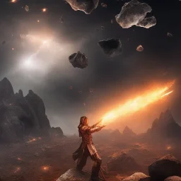 Distant epic scenary. Heavy rain. Epic Lighting in the night sky. Knight with magic scroll in hand. Falling meteorite in the sky. Fireball. Meteorite burning in the distance. Dark, black mud.