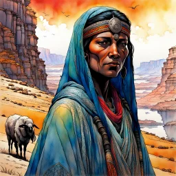 create an ink wash and watercolor portrait of a nomadic tribal shepherdess with highly detailed, delicate feminine facial features, inhabiting an ethereal tropical canyon land in the comic book style of Jean Giraud Moebius, David Hoskins, and Enki Bilal, precisely drawn, boldly inked, with vibrant colors