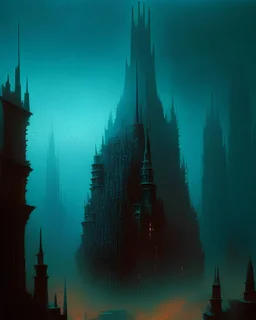 A vision of a huge city with many different buildings, in the style of dark fantasy art, intricate details, moody lighting, influenced by the works Zdzisław Beksiński.