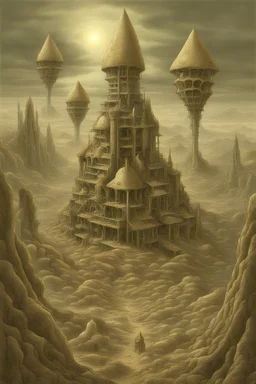 a landscape full of eerie biomechanoid trypophobic-mandelbulb-sierpinski-fractal-buildings. lovecraftian concept art in the style of Alan lee beksinski giger