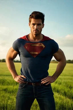 Full-length image, head to toe, create a photorealistic portrait of an extremely muscular Tom Welling Superman standing outside the Kent Farmhouse in a green field with his hands on his hips, in the late afternoon, with natural sunlight casting warm golden light across his face revealing every wrinkle and the texture of his skin, sharp focus on his eyes showing depth, moisture, reflections, with a soft bokeh background