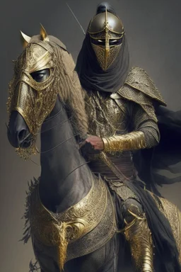 Arab warrior Full Body Full Armored Wearing Face Mask Iron Masculine Mysterious Powerful Fantasy High Quality Carrying his bow Golden clothes His horse behind him