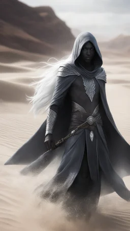 A hyper realistic photo of: Some forgotten realms strong dark skinned draw hooded creature with long white hair wades into a strongly dark grey colour emitting magically radiating and bubbling color pool in an endless windswept level landscape of only sand and grit. photorealistic, bokeh, masterpiece, smooth shading, ultra detailed, high resolution, cinematic, unreal 6, subtle shadows, octane render, 8k, cinema 4d, HDR, dust effect, vivid colors, thin line draw