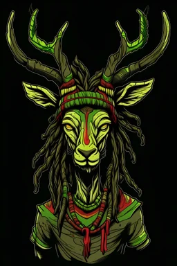 a deer frontal view, with dreadlocks and green-yellow-red striped headband, in manga comic style, with a dark background