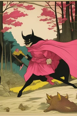 batman adult wearing a bright pink tutu, running away from wild boars. Samurai aesthetics poster 1900.