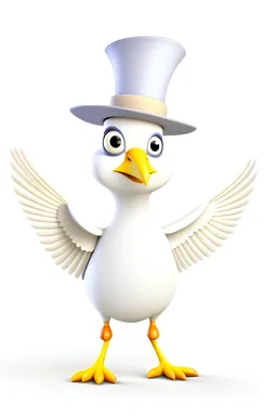 Animated bird standing wearing a white two-tone winged hat