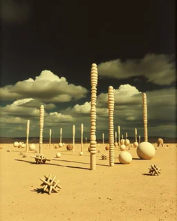 Strange spindle-shaped objects of various shapes, scattered over an arid wasteland, clouds, night, odd structures, Max Ernst, Audubon, Amano, Walton Ford, Yves Tanguy, polaroid, 8k, 3d, 33mm photography, well defined