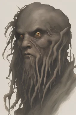 a member of Davy Jones's team, with long dark hair, a fish-human hybrid with a creepy and sad look, a young face, and many body parts replaced with parts of fish, coral starfish moray eels and squids, he is like a creepy mutant fish-man, but in his face you can see the remnants of the human face of a young man with wine on him, that he is in deep drunkenness and on his neck there is a terrible wound, as if someone had cut his throat
