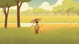 Rice field，Trees，Warm color palette，Animation，A lovely grasshopper，The laborer catches the grasshopper