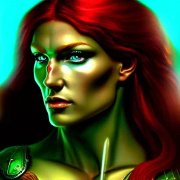 ultra detailed portrait of beautiful Red Sonja, wearing a bikini plate armor, extremely detailed digital painting, extremely detailed face,crystal clear green eyes, in the style of robert e howard and pablo oliveira, mystical colors, rim light, beautiful lighting, 8 k, stunning scene, raytracing