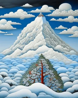 A white mountain in the sky designed in Scandinavian folk art painted by Henri Robert Bresil