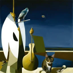 a cat and human flesh-like surgical instruments and universe-like a pigeon and neuralink, surrealism,minimalism,Painting By Adrian Ghenie, Rene Magritte, Salvador Dali, Lucian Freud