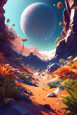 (((close midshot))), (((low poly art:2))), (astronaut), ultra detailed illustration of an environment on a dangerous:1.2 exotic planet with plants and wild (animals:1.5), (vast open world), astroneer inspired, highest quality, no lines, no outlines candid photography. by Lekrot