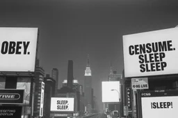 greyscale cityscape; large white billboards populate the city with black block lettering with text "OBEY", "REPRODUCE", "CONSUME", "BUY", "SLEEP", 'They Live' by john_carpenter movie still, concept art