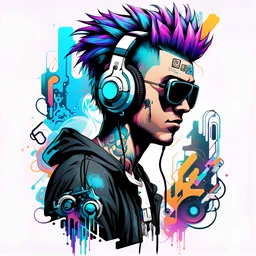 Tshirt design, cyberpunk, art boys for style tattoo, abstract color hair, headphone, with text "digi", Grafity style, White background.