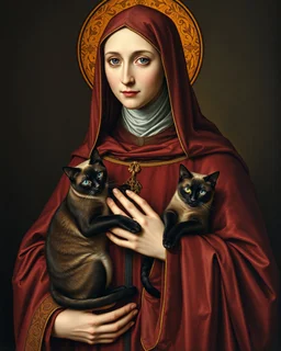 hauntingly illuminated medieval portrait of Saint Gertrude of Nivelles, her serene yet commanding presence radiating from the gilded frame as if stepping through time. Dressed in flowing 7th-century abbess robes of deep burgundy and gold, she cradles two sinuous Oriental Shorthair chocolate point Siamese cats like sacred relics—their piercing blue eyes glowing like sapphires against velvety sepia fur, their angular faces turned toward her with feline reverence. One paw rests on her embroidered s