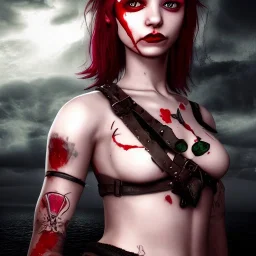 illustrator, hyper realistic, young spanish pirate girl, short hair . green eye. lips red with blood. tatoos on neck. dressed in leather and metal bra. Tintoretto ships. high details, thunderstorm. 4k, unreal engine