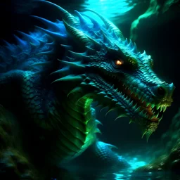 Dragon in a hyper realistic style deep underwater with some bioluminescent scales and multiples glowing eyes. This dragon is MASSIVE