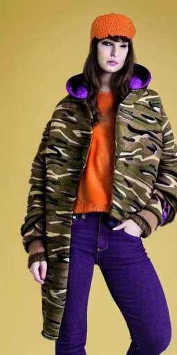 Brunette woman. average body type, think thighs and thick calves. Mantle is sewed of recycled Denim and sewed together of camouflage pieces. Printed camouflage figures are orange,terracotta, cream and purple. It is with big bright purple felt tippet and cream-colored-hood. mantle is merged with satchel. . AKG-style headphones (gold rings!) is merged with small felt cap with small visor. Style: Haute Couture in 1936, Paris fashion in 2023, inspired by street art. Cream latex gaiter.