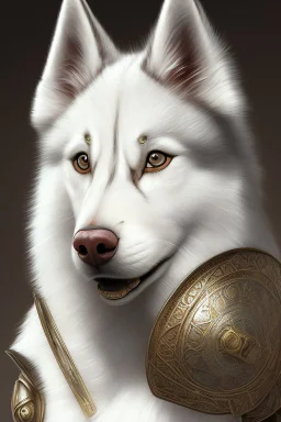 photorealistic cute white husky knight, hyperdetailed painting, luminism, Bar lighting, complex, ancient greek clothes, messy brown old clothes, 4k resolution concept art, Artgerm, WLOP, Alphonse Mucha, 3d render, octane render, intricately detailed, cinematic, awesome full color, hand drawn, dark, gritty, realistic mucha, klimt, cinematic