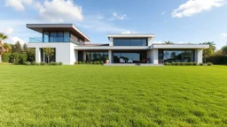 big beautiful modern villa with a large garden and grass in front