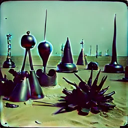 Odd spindle-shaped objects scattered over an arid surface, nothingness, close-up, polaroid, in Yves Tanguy style, nightmare, highly hypermaximalist