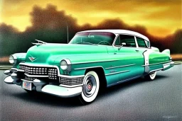 a true-to-life 1951 cadillac deville, classic wheels, pen and color marker, centered, intricate, extreme detailed, photorealism, center view, drive-in background, pivot on cadillac, painting by cheryl kelley