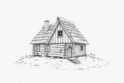 Viking House. Full-color drawing. Delicate pencil drawing, line art, illustration-style, full color, on a white background. Realistic drawing. Extremely detailed and well-drawn. Flat illustration. Crisp, clean image. Hand-drawn. High-resolution, full-color drawing. Full-length image. Full-length body.